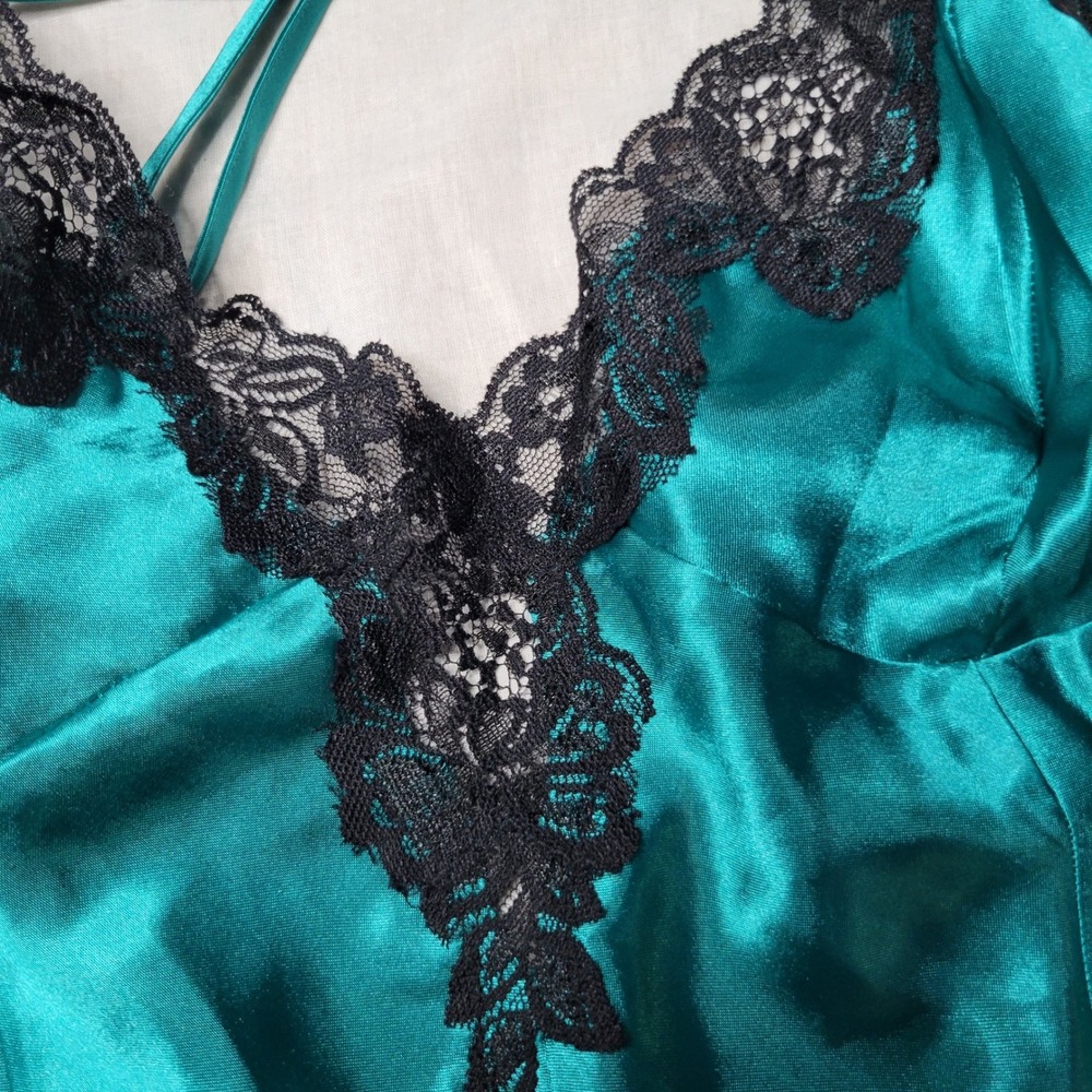 Fredericks of Hollywood Teal Satin Lace Trim Chemise Nightgown 6445 NEW Large - Picture 4 of 12